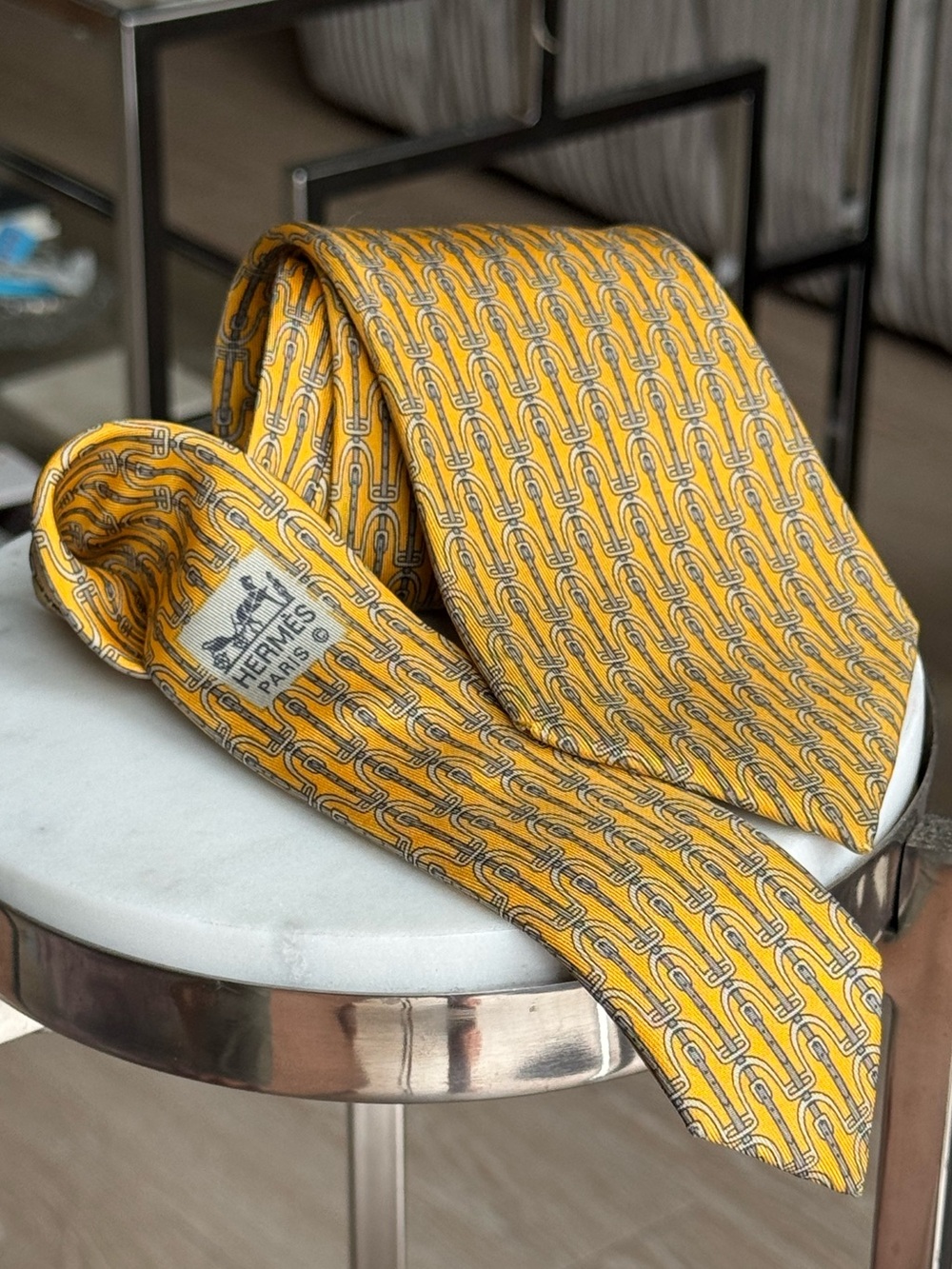Hermes Silk Equestrian Buckle Print Tie Yellow Grey